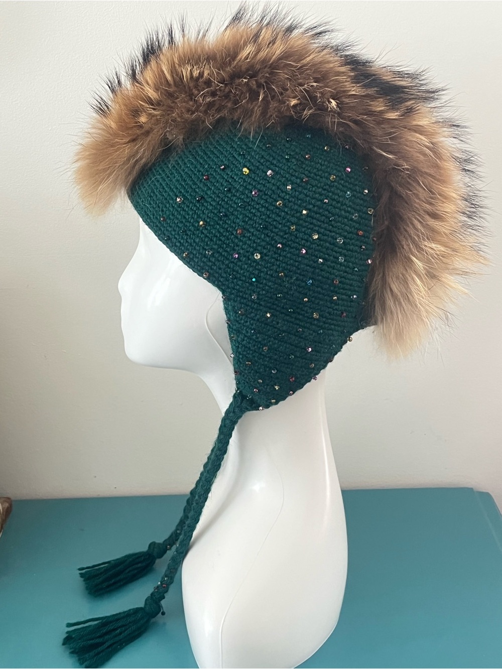 Heaslip Canada Luxury Knitted Mohawk Winter Hat Fur Trim & Bead Work